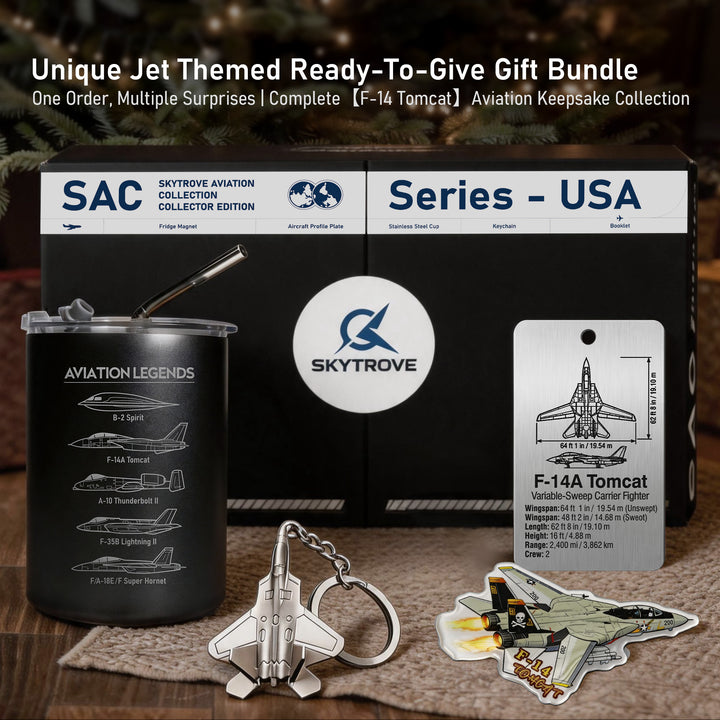 F-14 Tomcat aviation gift set with black mug, aircraft tag, magnet, keychain and presentation box