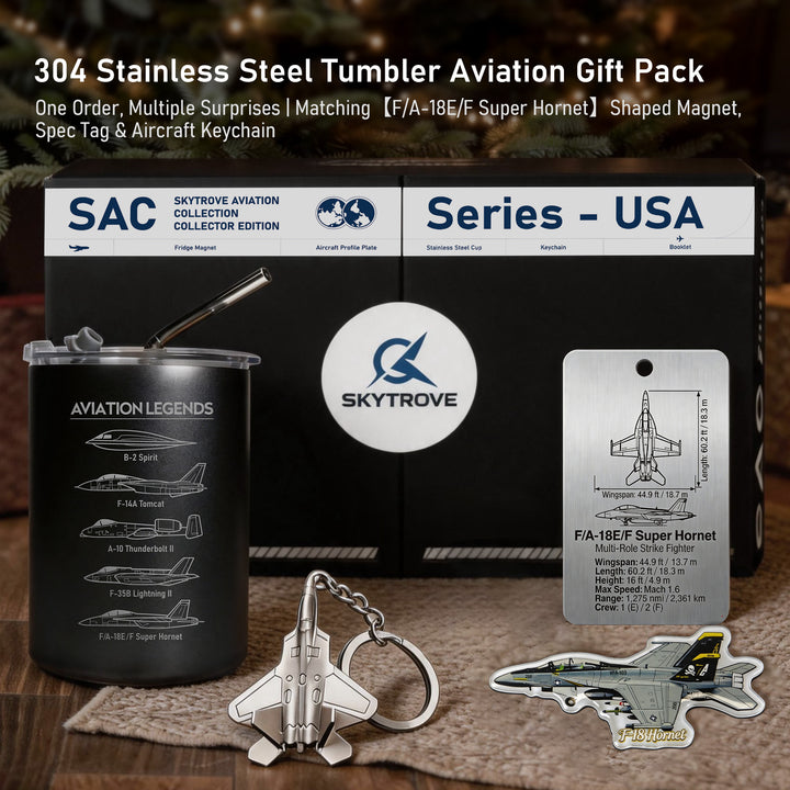 F/A-18 Hornet aviation gift set with black mug, aircraft tag, magnet, keychain and presentation box