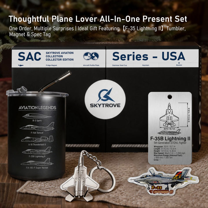 F-35 Lightning II aviation gift set with black mug, aircraft tag, magnet, keychain and presentation box