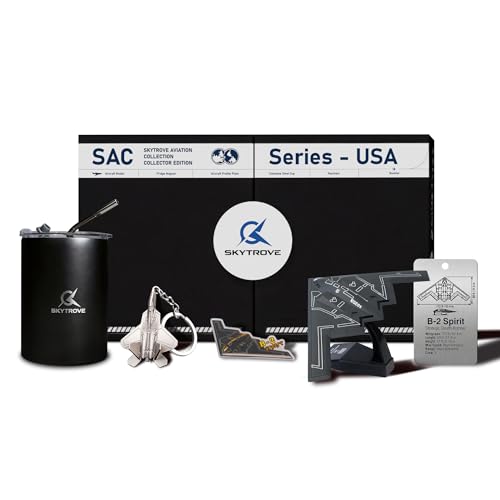 SkyTrove B-2 Spirit model on display stand with black mug, keychain, aircraft tag, magnet and presentation box on white background