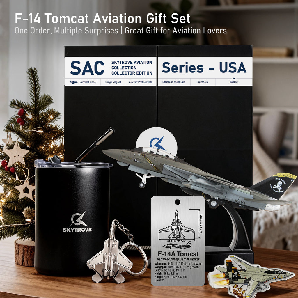 SkyTrove F-14 Tomcat model on display stand with black mug, keychain, aircraft tag, magnet and presentation box on a wooden table