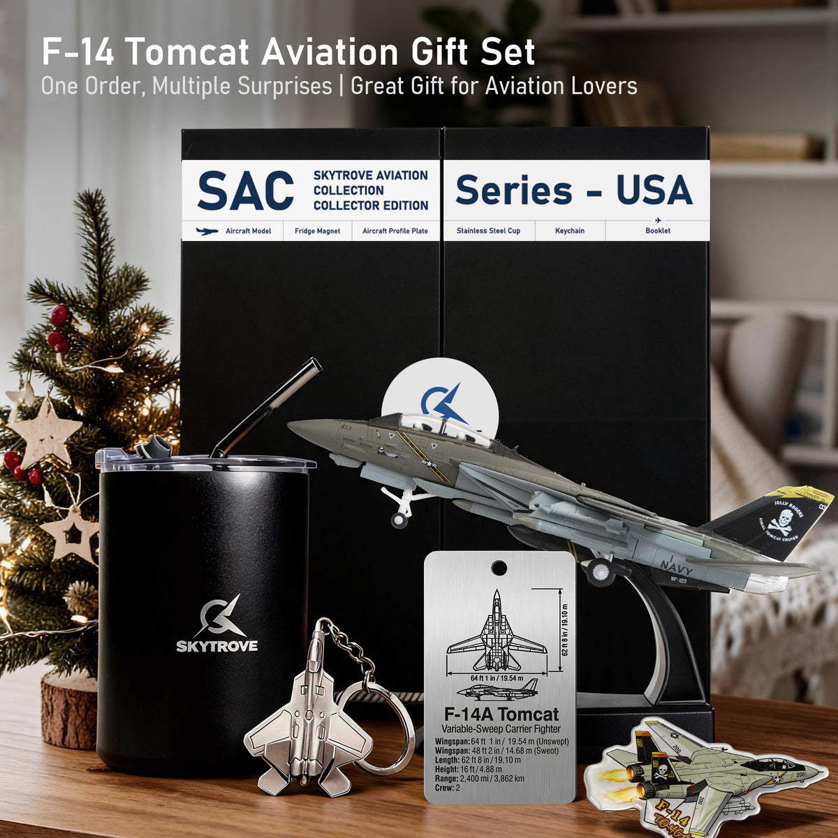 SkyTrove F-14 Tomcat model on display stand with black mug, keychain, aircraft tag, magnet and presentation box on a wooden table