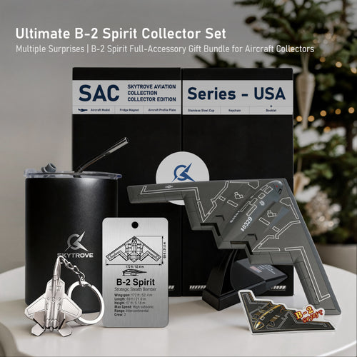 SkyTrove B-2 Spirit model on display stand with black mug, keychain, aircraft tag, magnet and presentation box on a table