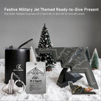 B-2 Spirit model on display stand with SkyTrove mug, keychain, aircraft tag and magnet in a winter-themed display