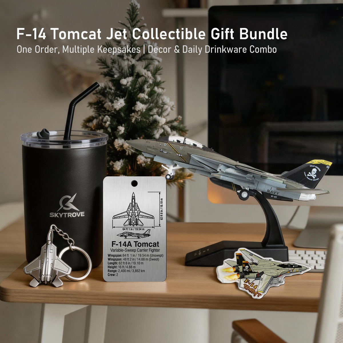 F-14 Tomcat model on display stand with SkyTrove mug, keychain, aircraft tag and magnet arranged on a desk
