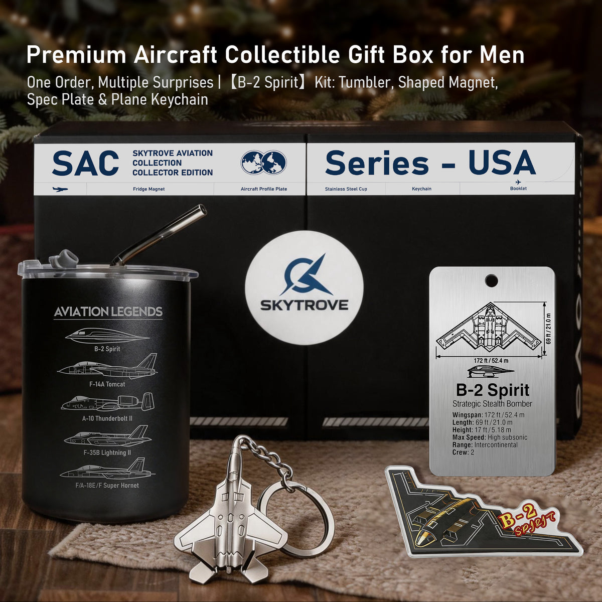 B-2 Spirit aviation gift set with black mug, aircraft tag, magnet, keychain and presentation box