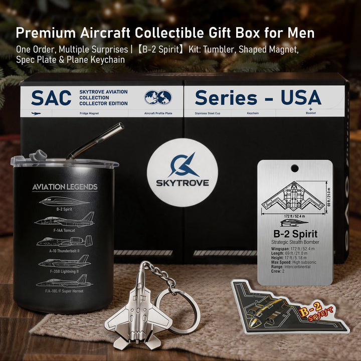 B-2 Spirit aviation gift set with black mug, aircraft tag, magnet, keychain and presentation box