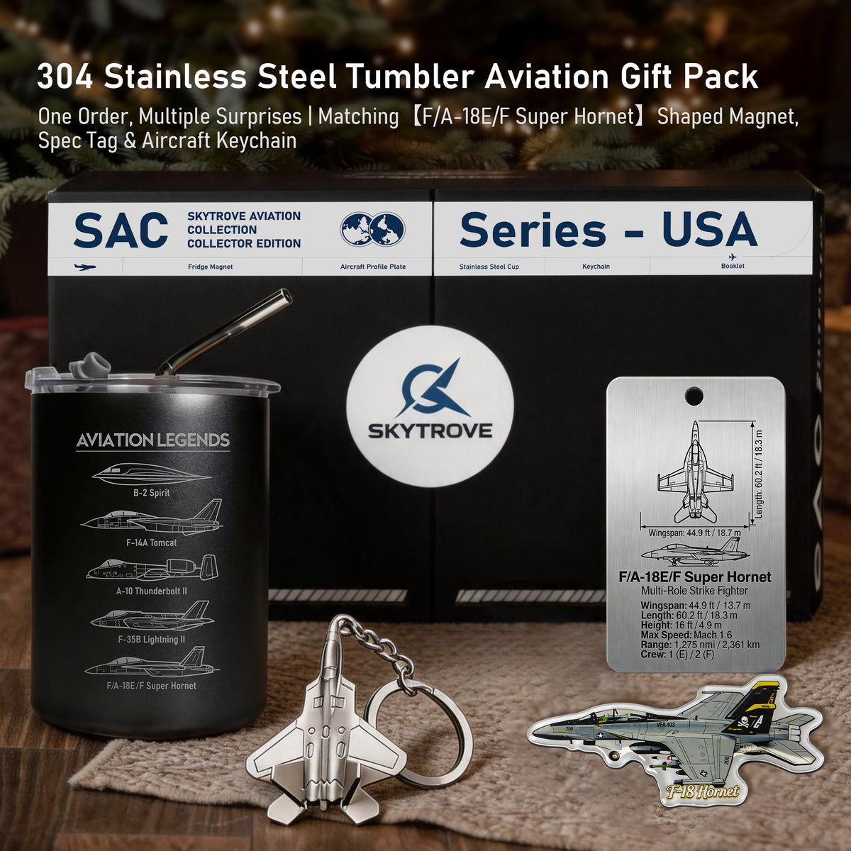 F/A-18 Hornet aviation gift set with black mug, aircraft tag, magnet, keychain and presentation box